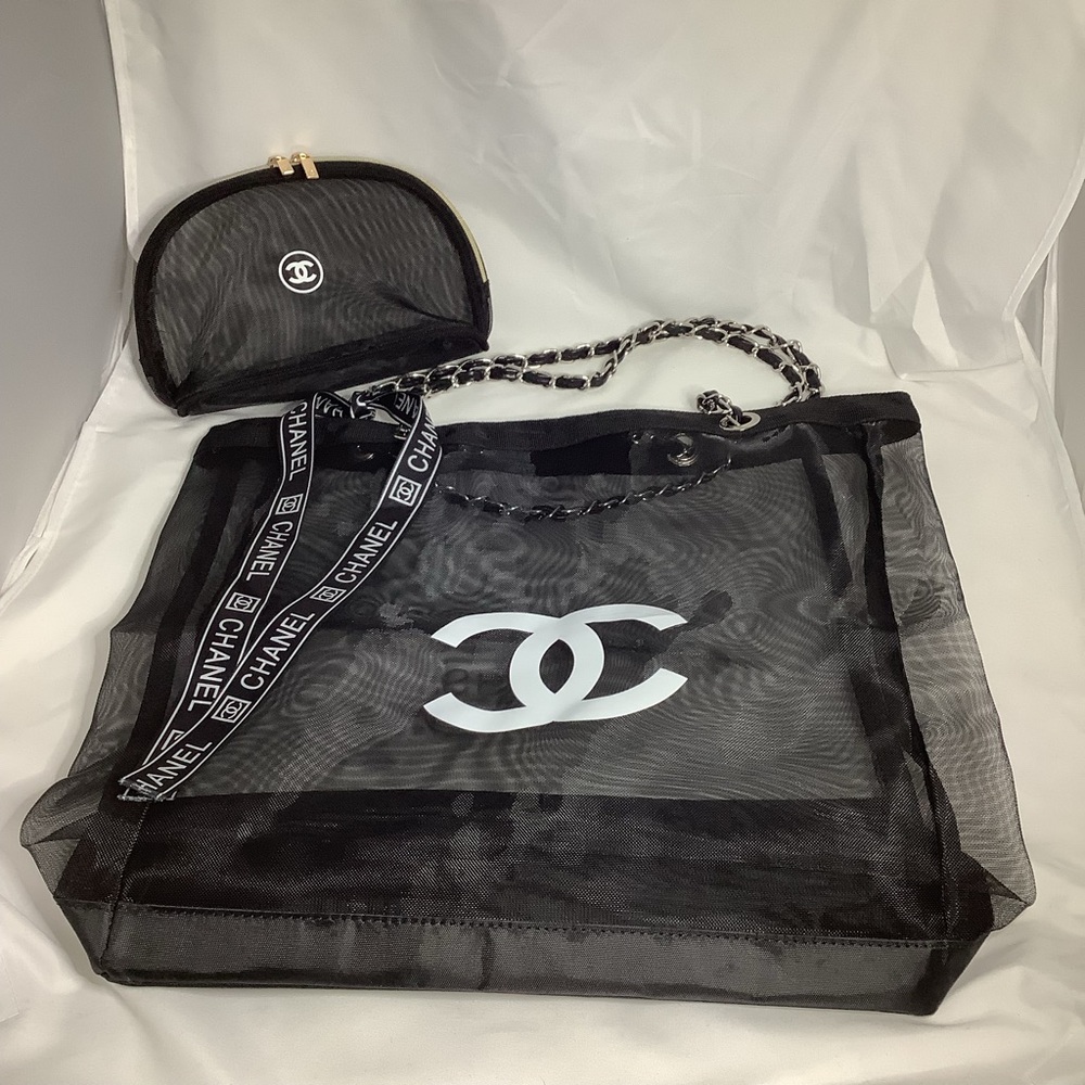 CHANEL Black Mesh Tote with Black Mesh Cosmetic Bag